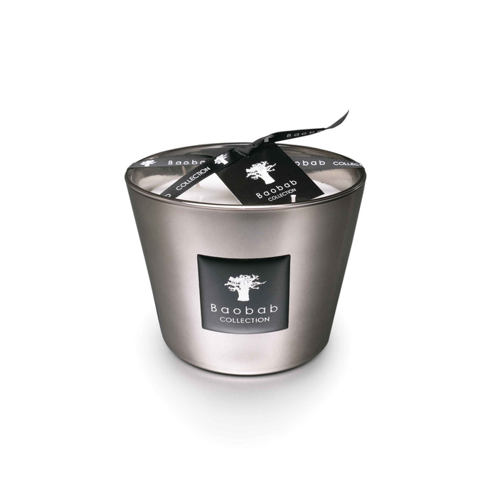 Platinum-colored cylindrical candle with black label, lid, and black ribbon bow from Baobab Collection.