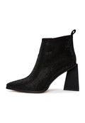 A pair of stylish black suede ankle boots with a pointed toe and block heel, perfect for any outfit.
