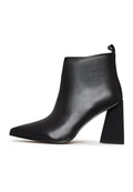 A stylish pair of black leather pointed toe ankle boots with block heel, perfect for any outfit.