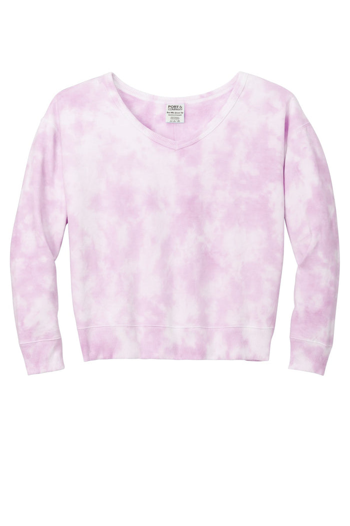 Port & Co LPC140V Women's Beach Wash Cloud Tie-Dye V-Neck Sweatshirt