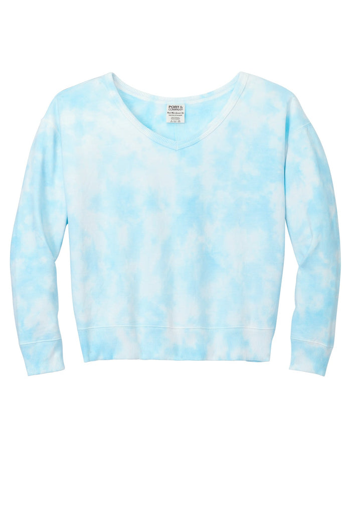 Port & Co LPC140V Women's Beach Wash Cloud Tie-Dye V-Neck Sweatshirt