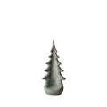 Ceramic evergreen tree figurine in moss green glaze with pointed crown and layered branches.