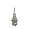 Moss green ceramic evergreen tree with tiered branches and pointed top, 14 inches tall.