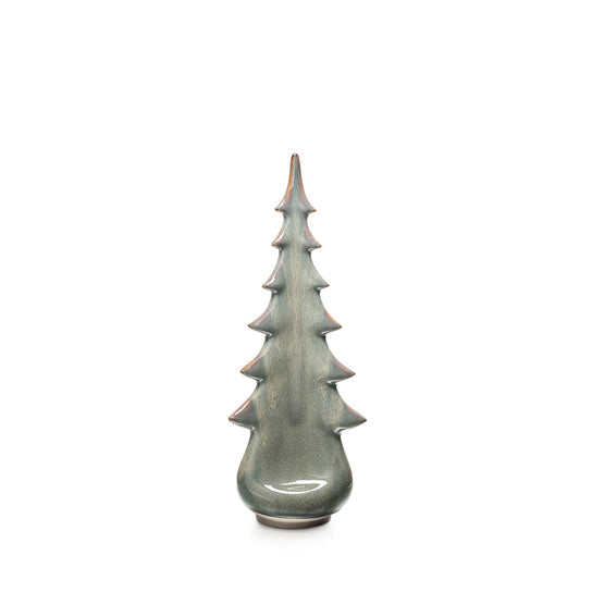 Moss green ceramic evergreen tree with tiered branches and pointed top, 14 inches tall.