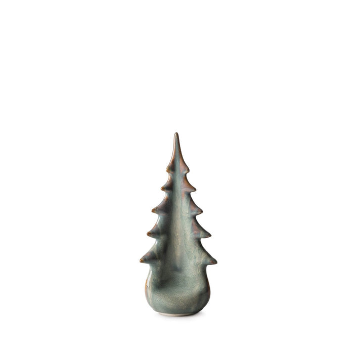 Moss-green ceramic evergreen tree figurine with textured surface and pointed top.
