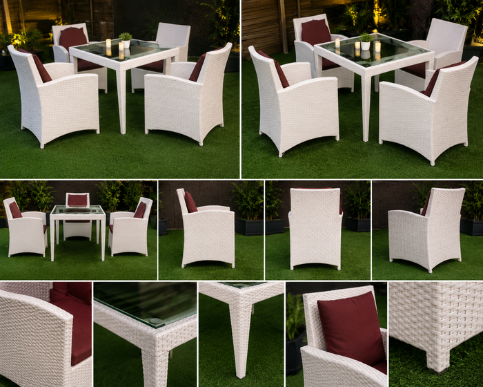 Premium 5-Piece White Rattan Dining Set | 4 Chairs & Glass Top Table