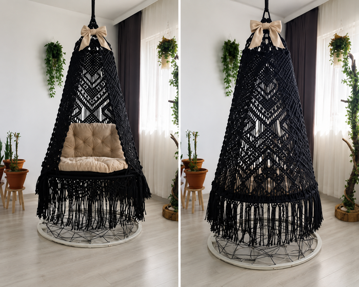 Premium Black Macrame Hanging Swing Chair | Indoor & Outdoor Relaxation Chair