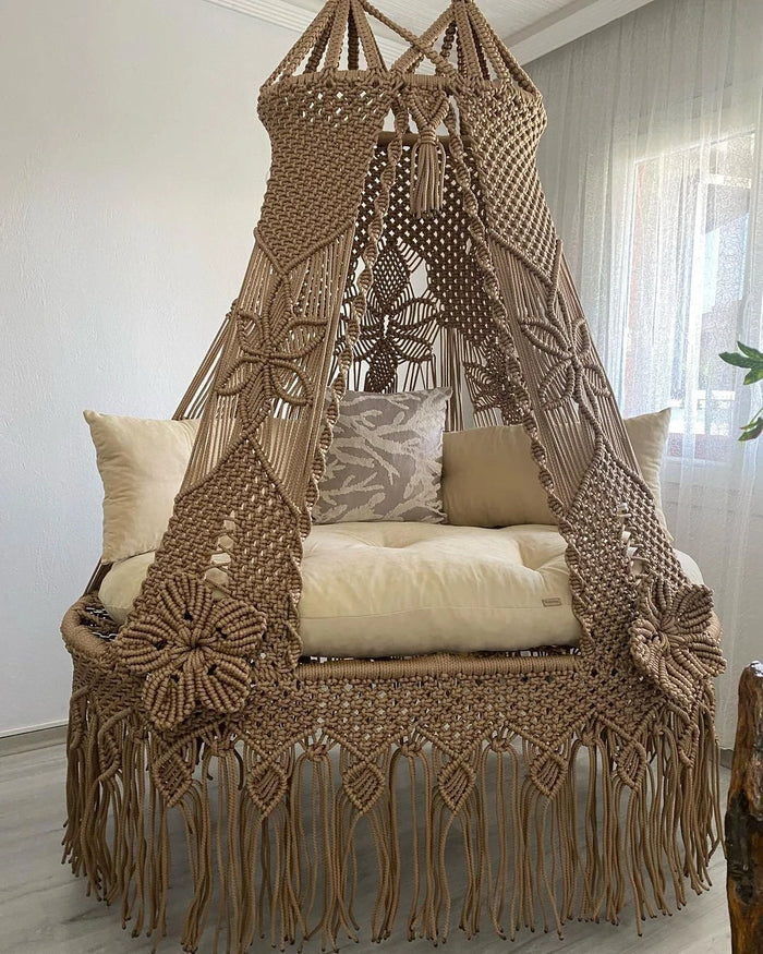 Premium Macramé Hanging Chair – Boho Swing with Cushion