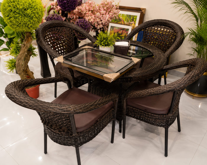 Premium Rattan Dining Set | 4 Chairs with Glass Top Table