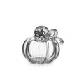 Clear glass pumpkin-shaped container with textured stem and bow detail on top.