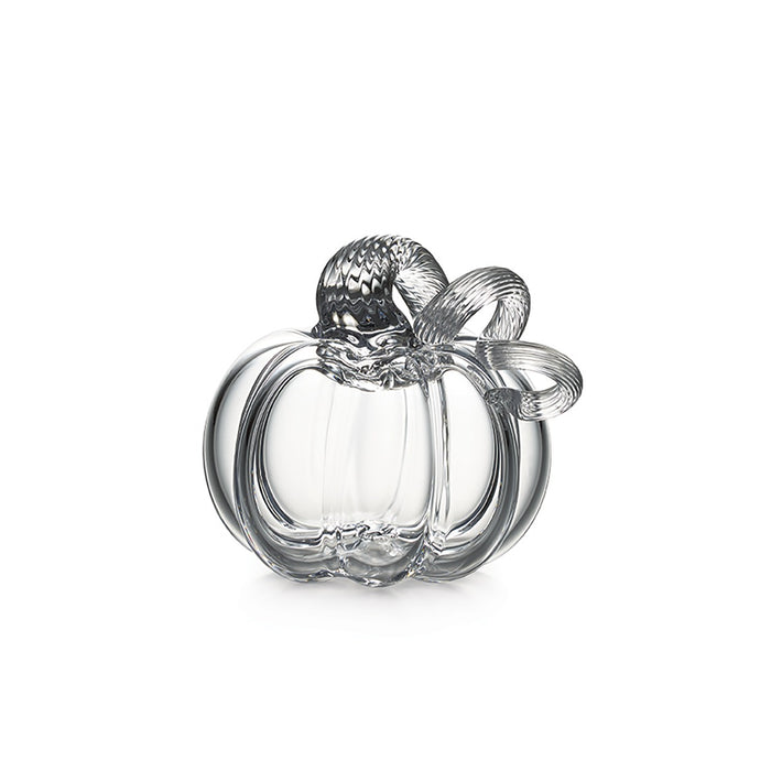 Clear glass pumpkin-shaped container with textured stem and bow detail on top.