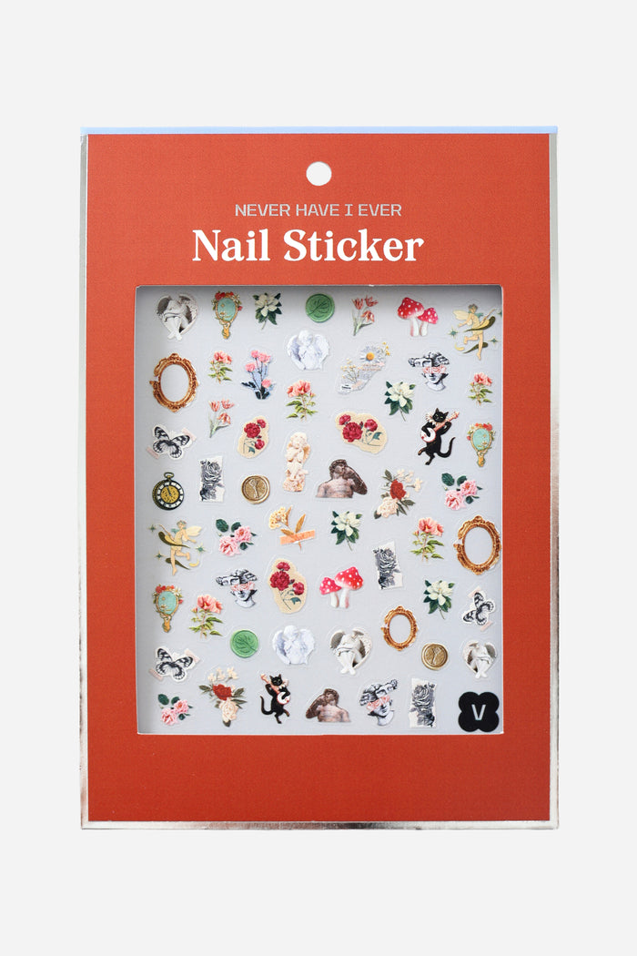 Renaissance art nail stickers with vintage designs like cherubs, ornate frames, flowers, and cats.