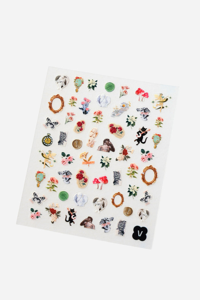 Sheet of Renaissance art-inspired nail stickers featuring cherubs, ornate frames, butterflies, and floral designs.