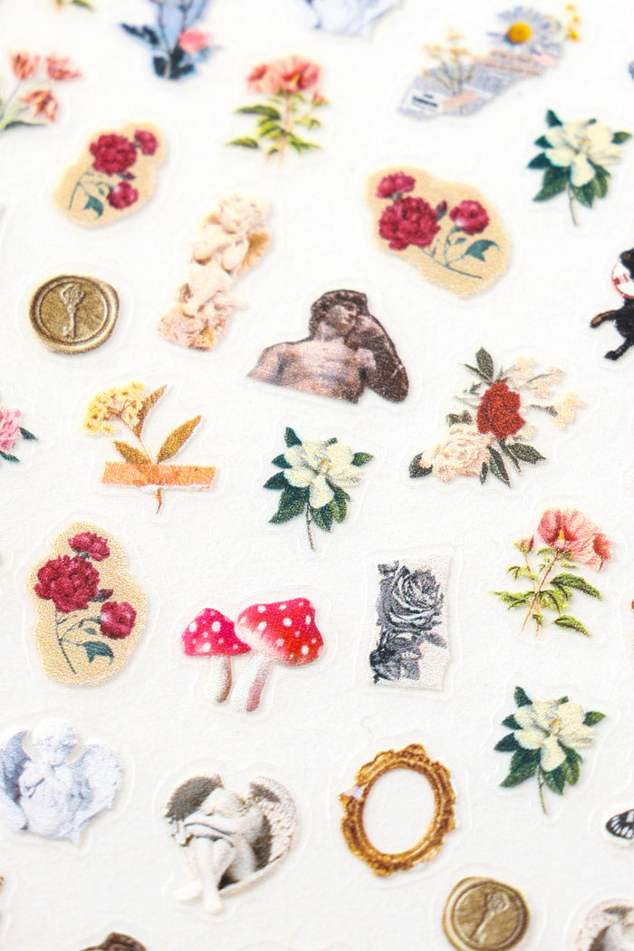 Renaissance art nail stickers with floral, cherub, and mushroom designs.