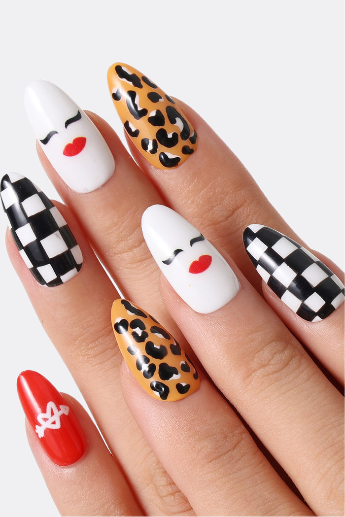 Retro Rock 'n' Roll press-on nails with leopard, checkerboard, and face designs
