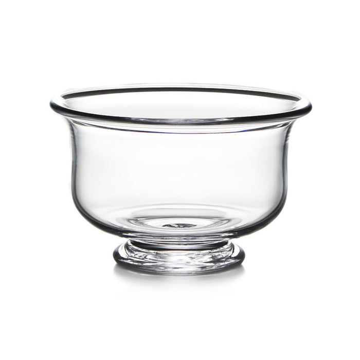 Clear glass bowl with wide rim and pedestal base.