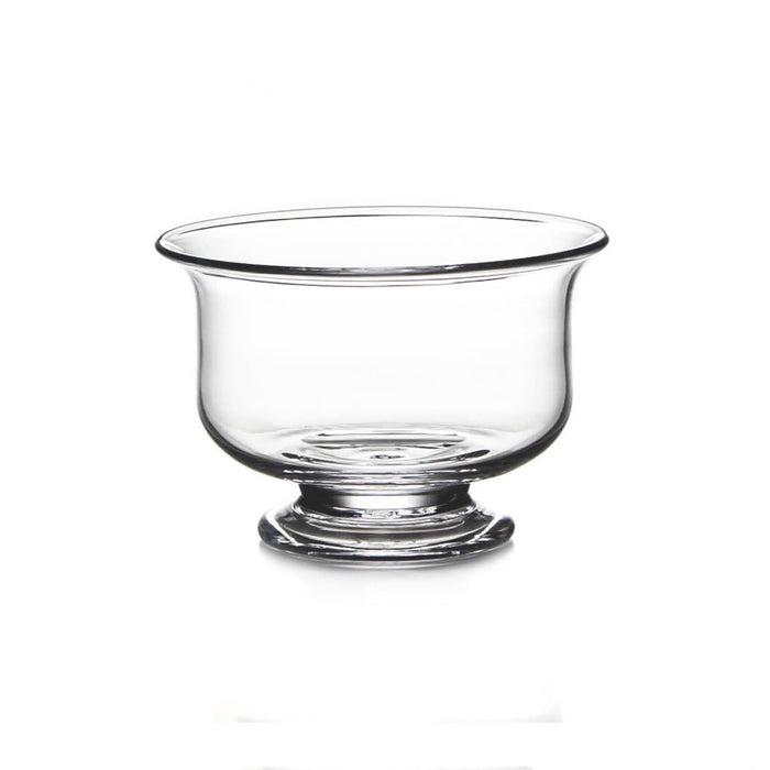 Clear glass bowl with wide rim and pedestal base.
