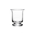 Clear glass hurricane vase with curved sides and pedestal base.