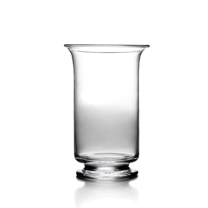 Clear glass hurricane vase with straight sides, flared rim, and pedestal base.