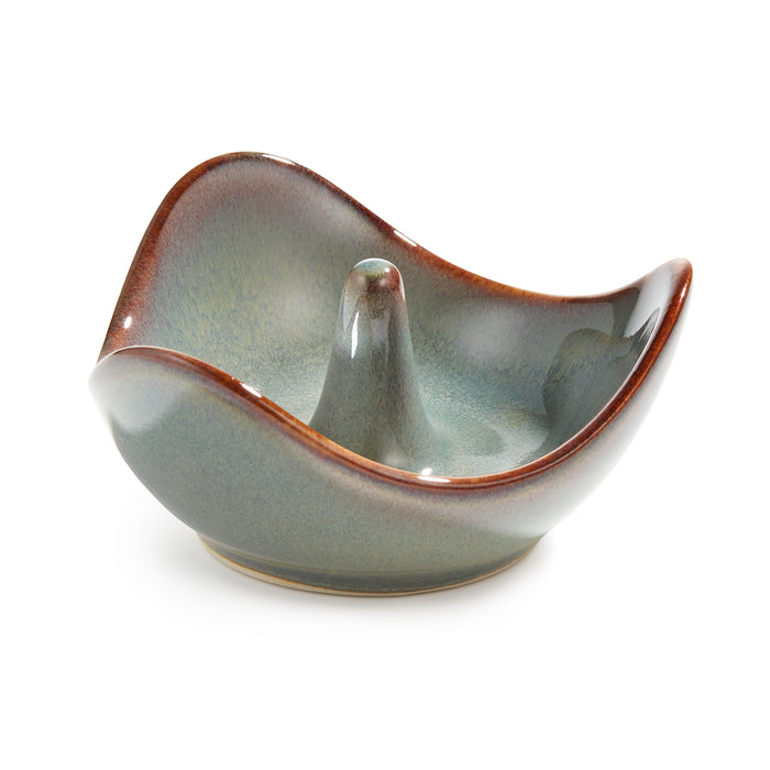 Gray ceramic ring holder with curved bowl shape, central post, and reddish-brown rim accent.