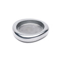 Polished silver wine coaster with smooth, curved oval shape and recessed center well.