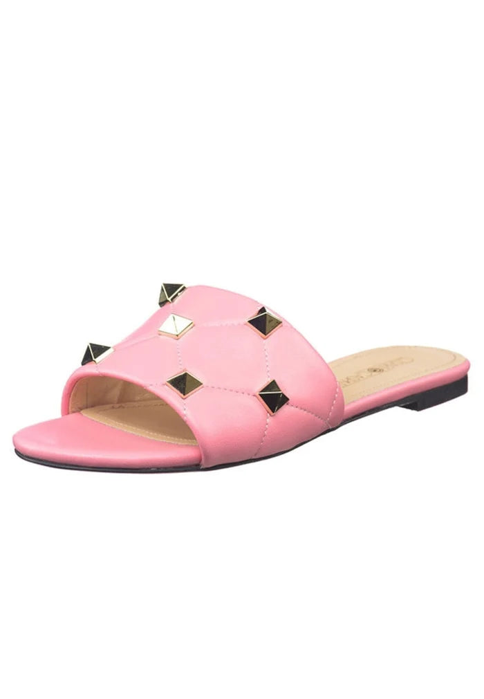 A stylish pair of pink designer Rockstud sandals, also known as Mila sandals, featuring the iconic Rockstud detailing.