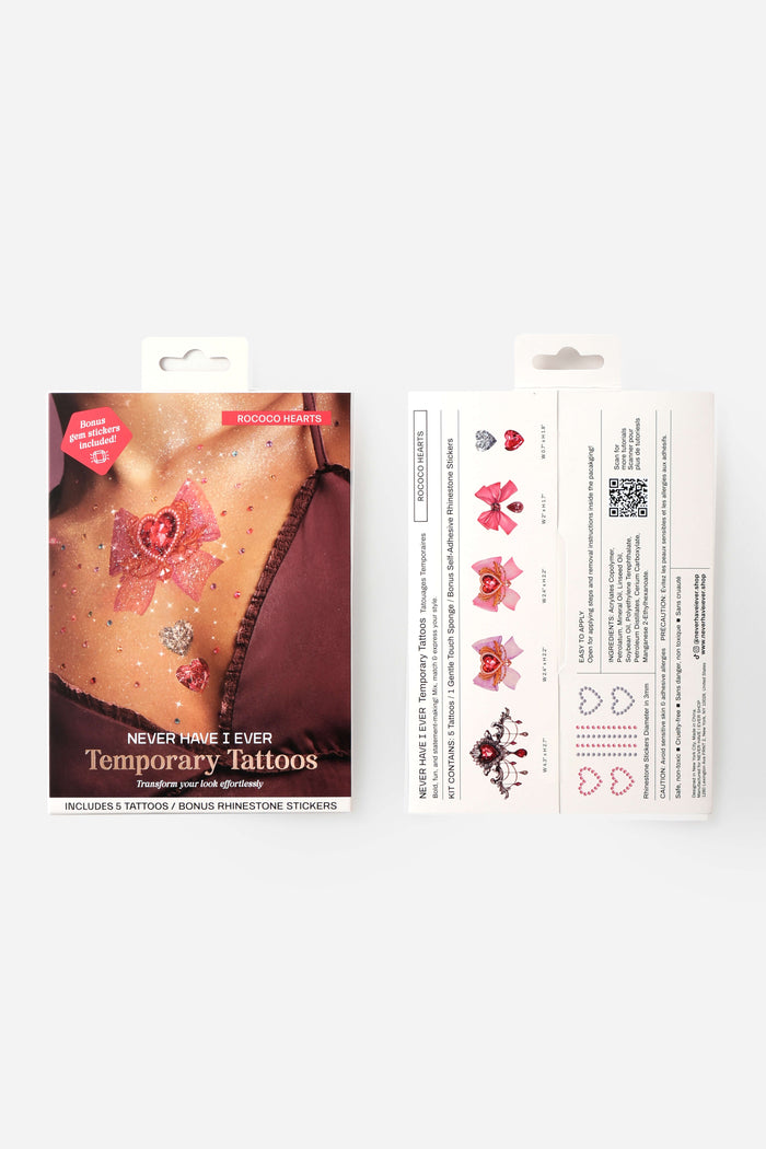 Rococo Hearts temporary tattoos with pink bow gem and body sparkle, includes rhinestone stickers.