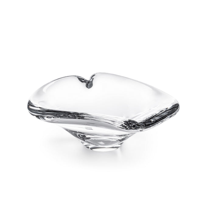 Clear glass heart-shaped dish with black accented rim and pedestal base.