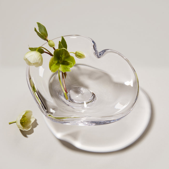 Clear glass heart-shaped dish with white base, containing fresh green flowers and buds.