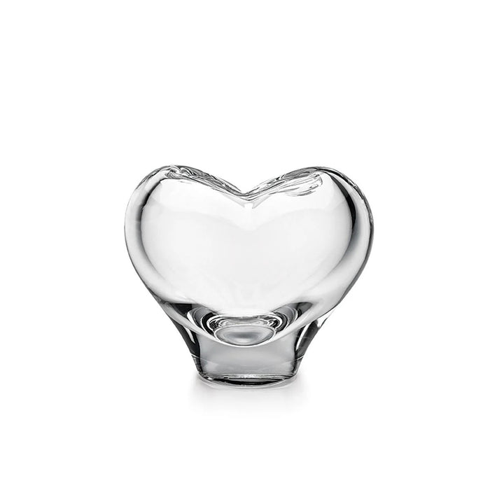 Clear glass vase with heart-shaped opening at top and curved sides.