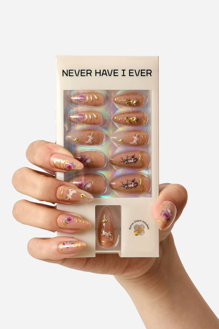 Rose gold rococo almond press-on nails with cherub and floral designs