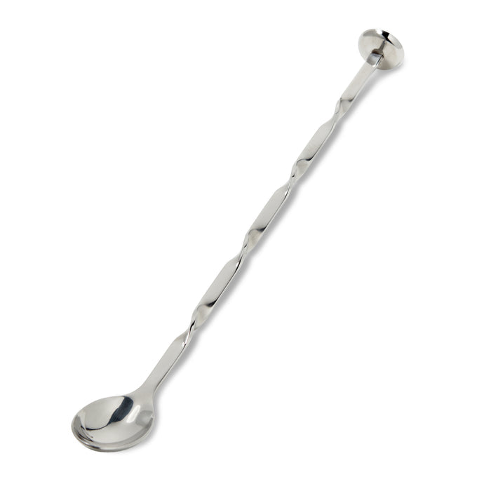 Stainless steel stirring spoon with long handle, round bowl end, and decorative knot detail on shaft.