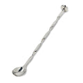 Stainless steel stirring spoon with long handle, round bowl end, and decorative knot detail on shaft.