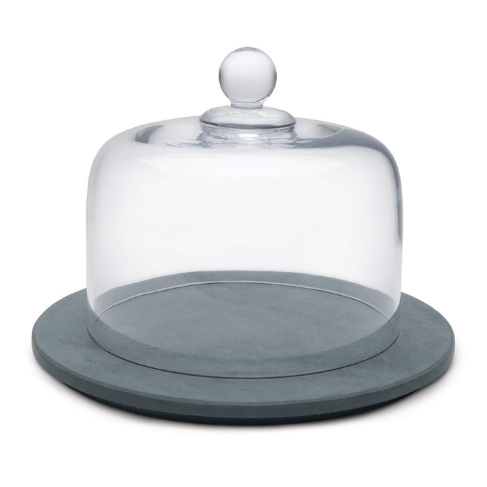 Grey soapstone round board with clear glass dome cover and spherical knob finial.
