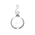 Clear glass round ornament with "2026" engraved on surface and metal scrolled hook hanger.