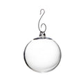 Clear glass round ornament with metal cap and curved wire hook for hanging.