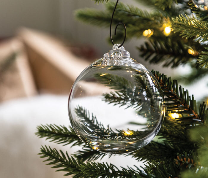 Clear glass round ornament with black wire hook, hanging on evergreen tree branch.