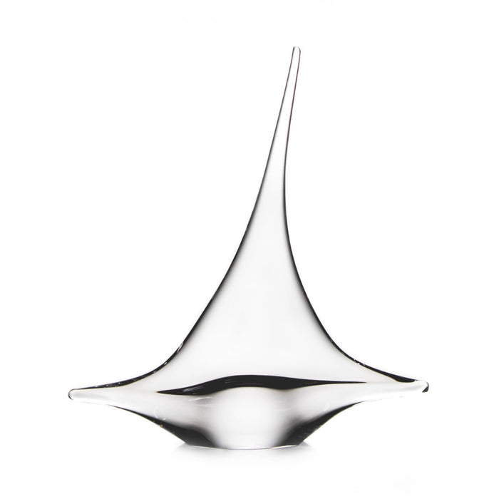White sculptural sailboat form with pointed top and curved sail-like sides, viewed from the front against white background.