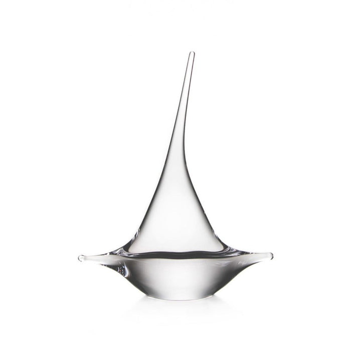 Clear glass sailboat sculpture with pointed mast and wide rounded base.