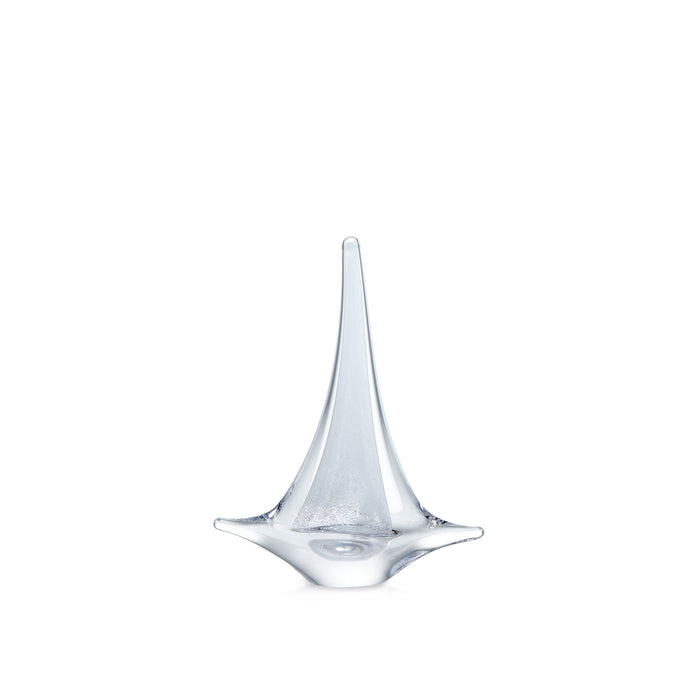 White glass sailboat with tall pointed mast and wide base, small size.