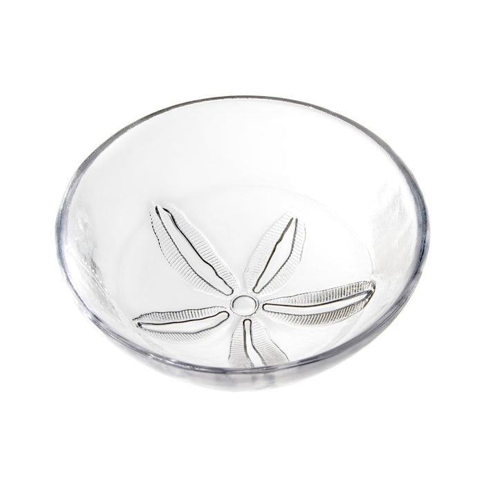White ceramic bowl with sand dollar pattern embossed on interior bottom.