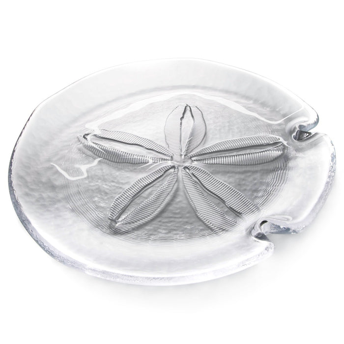 Clear glass platter with embossed sand dollar design and two shell-shaped handles.