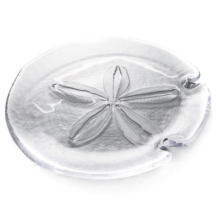 Clear glass platter with embossed sand dollar design and two curved handles on the sides.