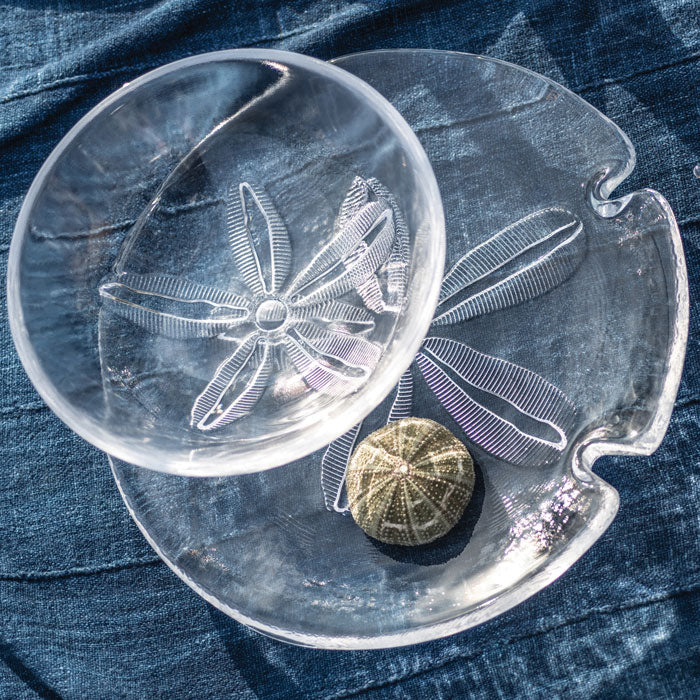 Clear glass platter with three compartments featuring embossed sand dollar and sea urchin designs, displayed on blue fabric.