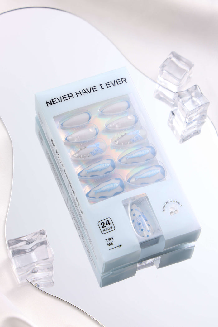 Sardine Dream almond press-on nails box with fish and blue dot design. "Never Have I Ever" logo. Includes 24 nails.