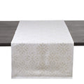 White and natural linen table runner with geometric pattern, 60 inches long, displayed on dark table.