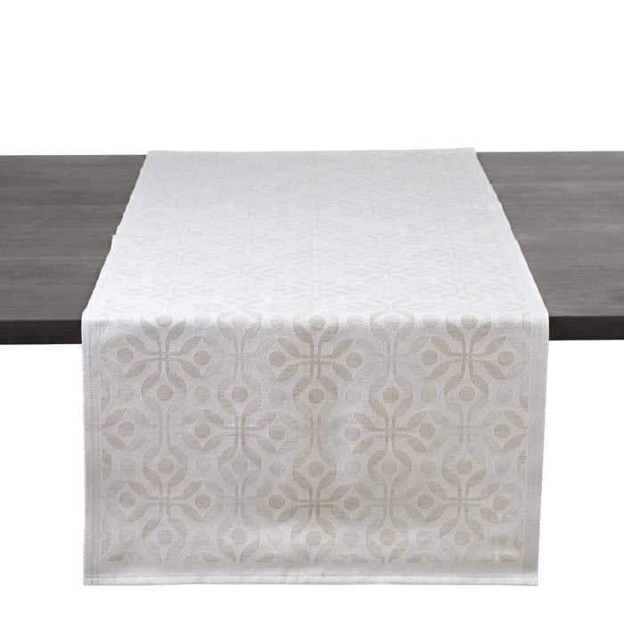 White and natural linen table runner with geometric pattern, 60 inches long, displayed on dark table.
