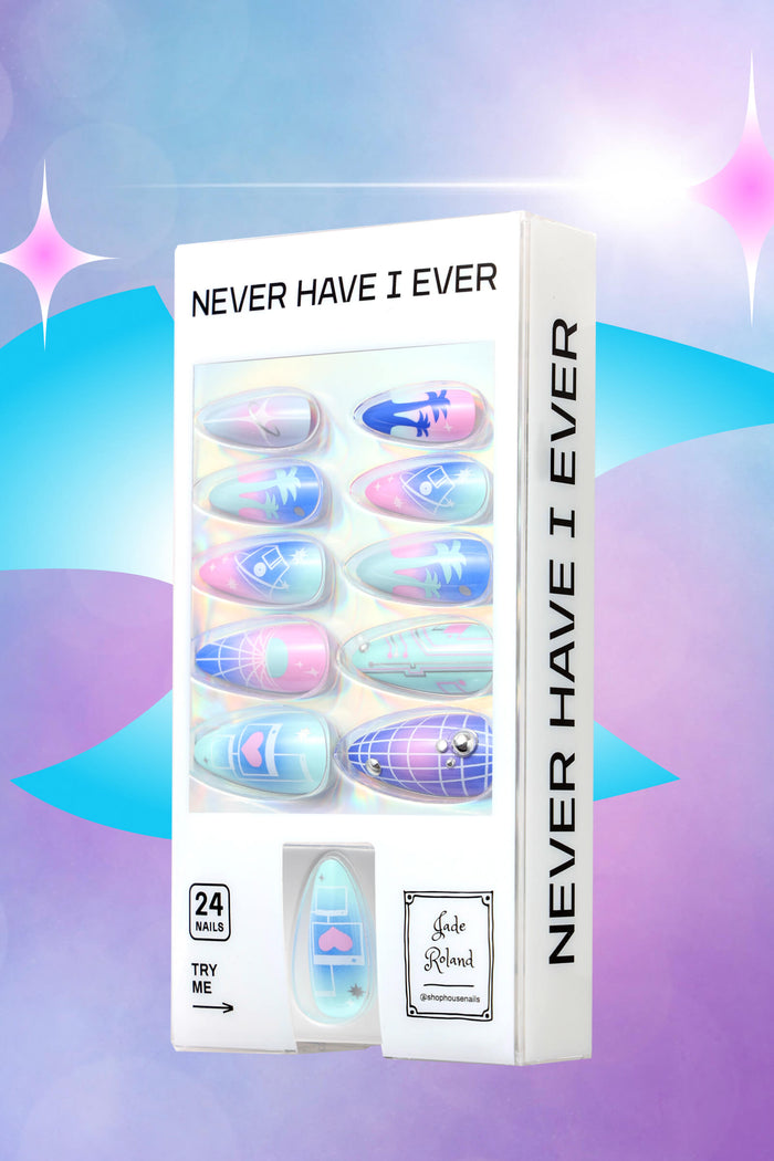 Cyber Punk press-on nails by Jade Roland featuring pastel gradients, planets, palm trees, and circuit board designs.