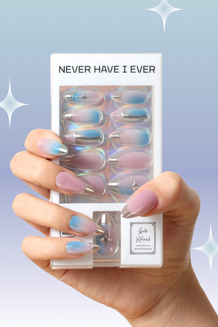 Titanium Jelly press-on nails by Jade Roland featuring a gradient of pink, blue, and silver.