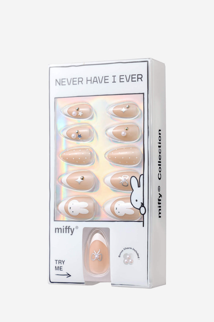 Fruity Miffy almond press-on nails box with Miffy art, stars, pearls, and polka dots.